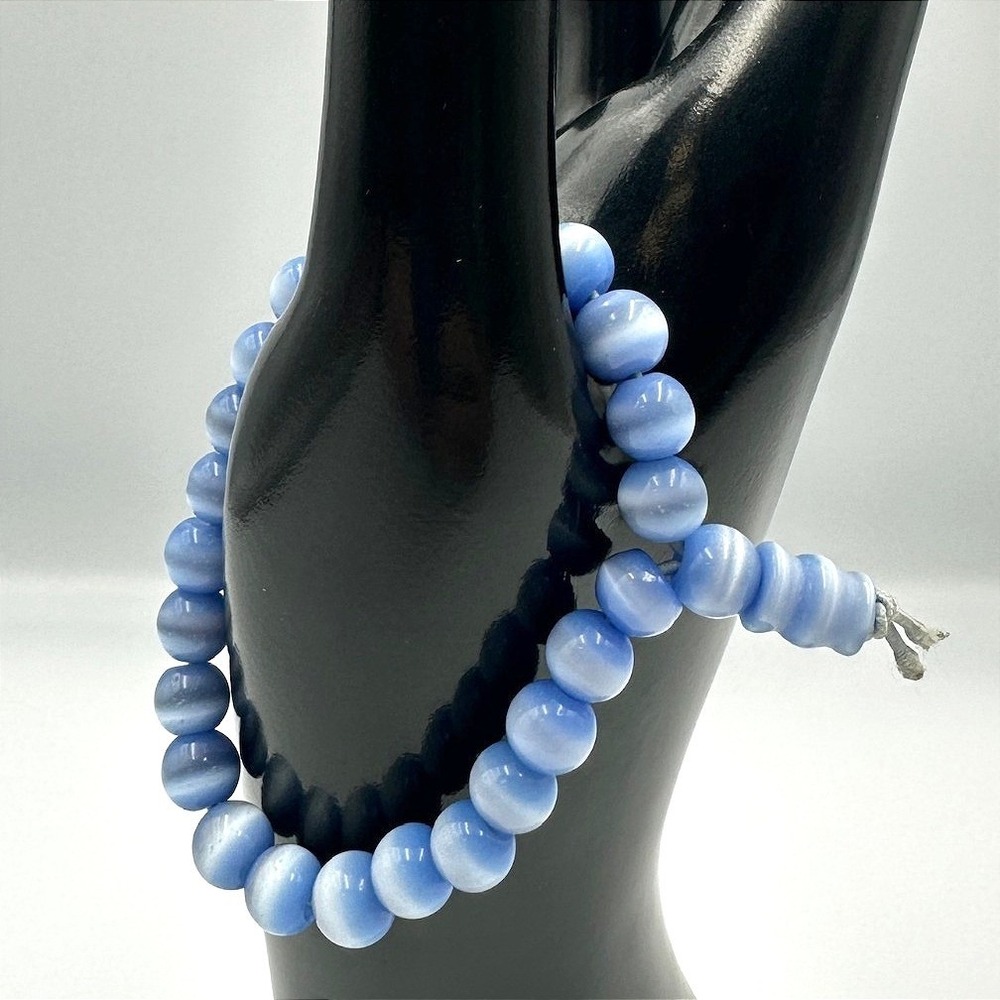Vintage‎ Light Blue Cat Eye Glass Bead Stretch Bracelet Moonglow Simple Casual